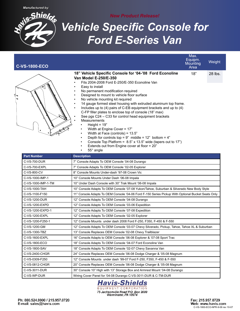 Vehicle speciﬁc console for ford e-series van, New product release | Havis-Shields 18