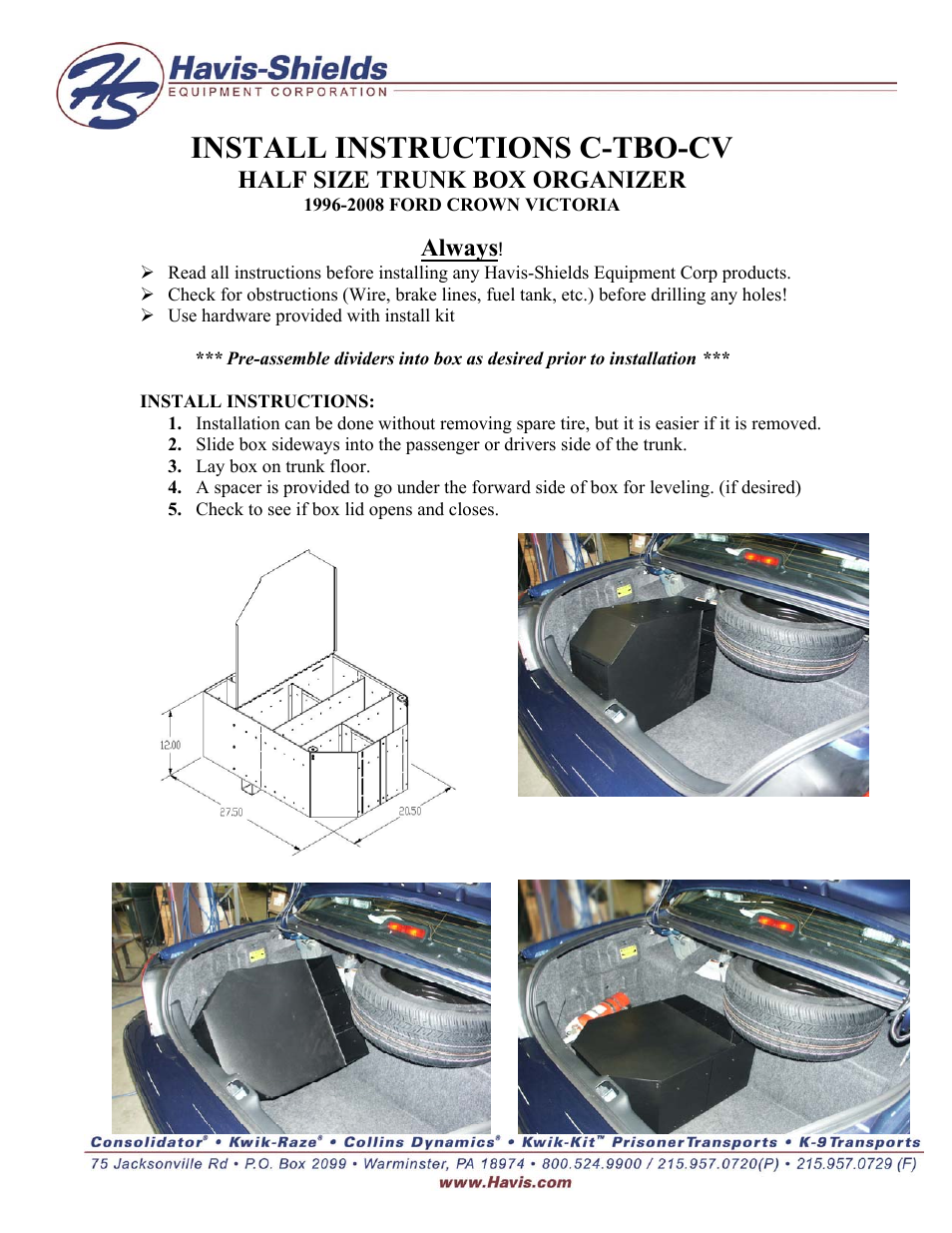 Havis-Shields Half Size Trunk Box Organizer C-TBO-CV User Manual | 1 page