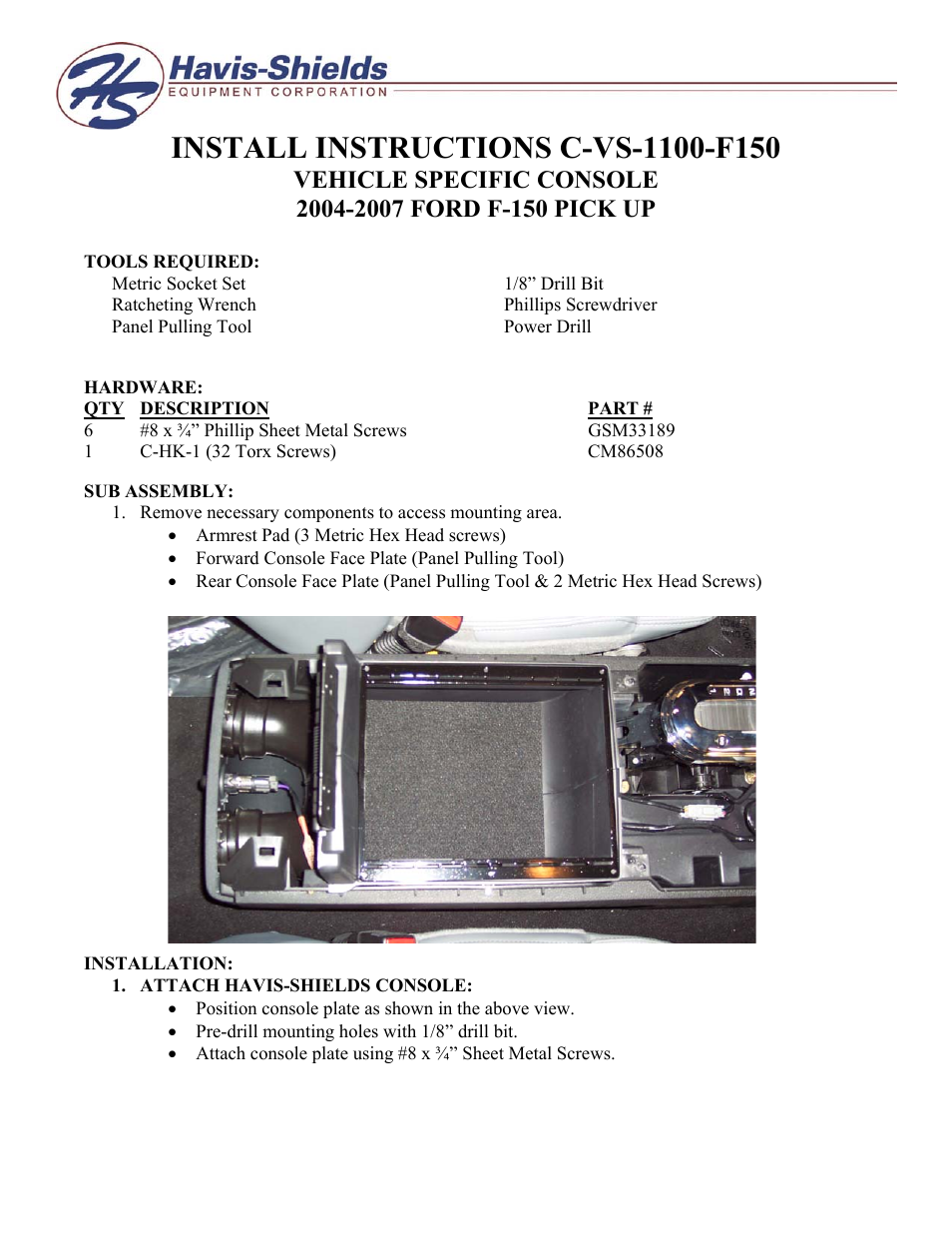 Havis-Shields Vehicle Specific Console C-VS-1100-F150 User Manual | 2 pages