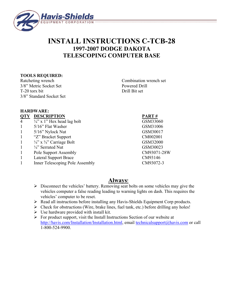 Havis-Shields 1997-2007 Dodge Dakota Telescoping Computer Base C-TCB-28 User Manual | 3 pages