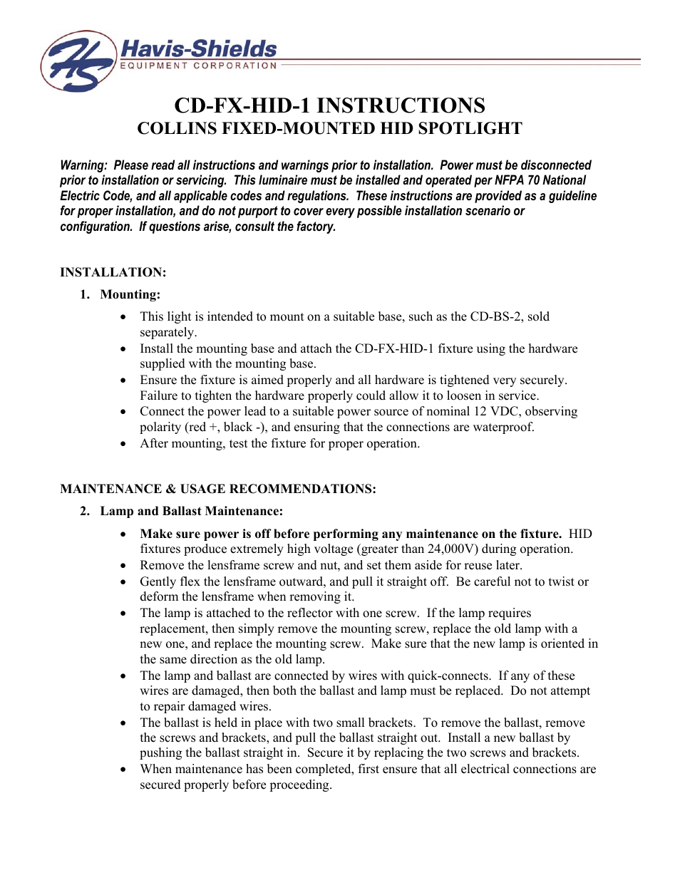 Havis-Shields Collins Fixed-Mounted Hid Spotlight CD-FX-HID-1 User Manual | 2 pages
