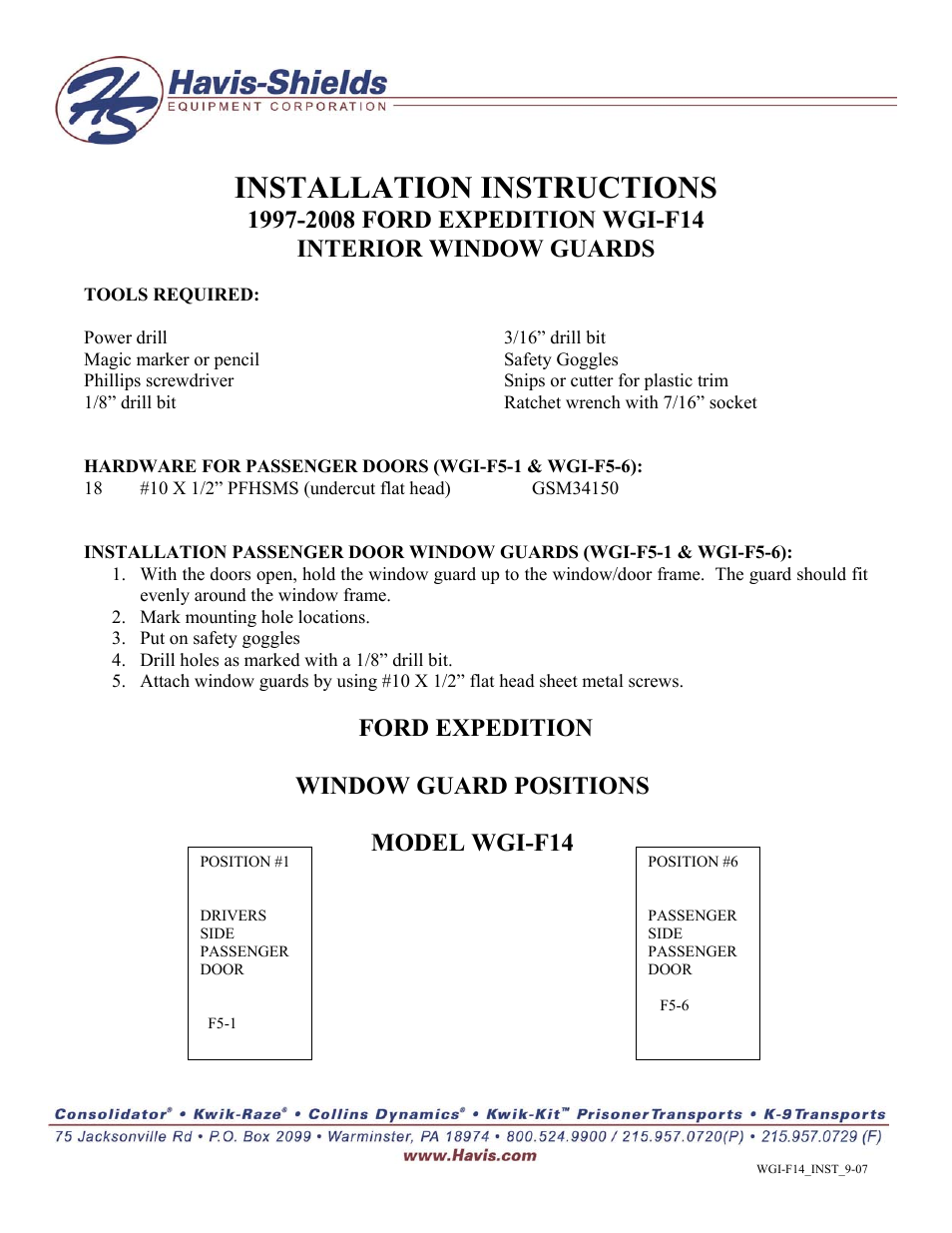 Havis-Shields 1997-2008 Ford Expedition Interior Window Guards WGI-F14 User Manual | 1 page