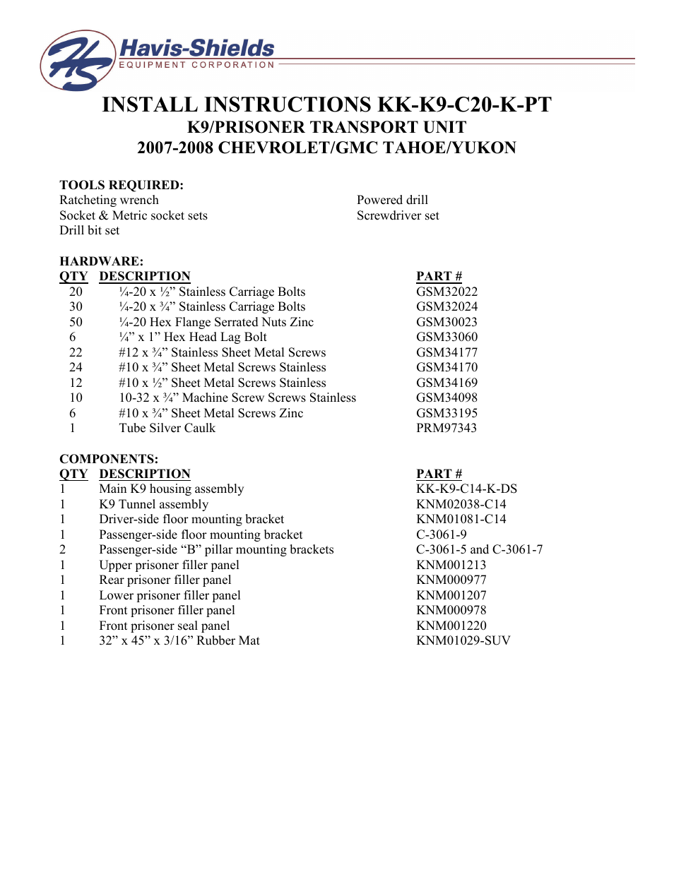 Havis-Shields K9/Prisoner Transport Unit KK-K9-C20-K-PT User Manual | 7 pages