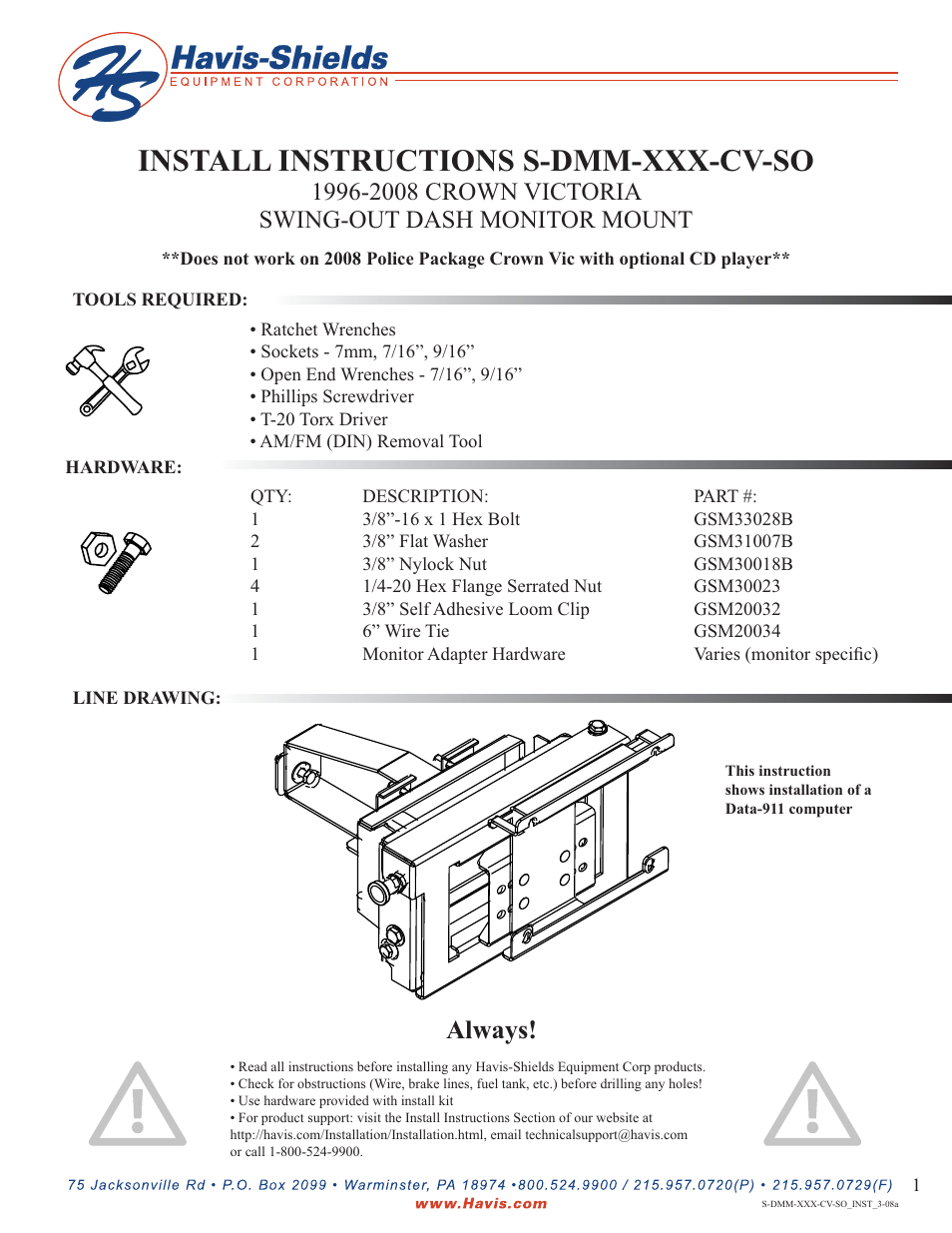 Havis-Shields 1996-2008 Crown Victoria Swing-Out Dash Monitor Mount S-DMM-XXX-CV-SO User Manual | 5 pages