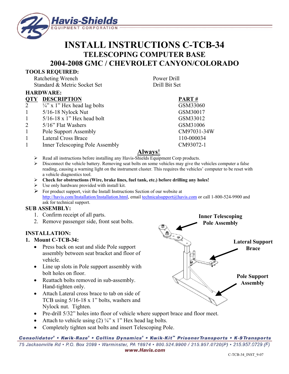 Havis-Shields Telescoping Computer Base C-TCB-34 User Manual | 1 page