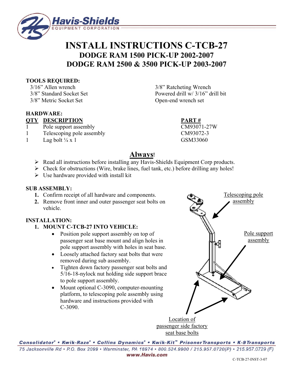 Havis-Shields C-TCB-27 User Manual | 1 page