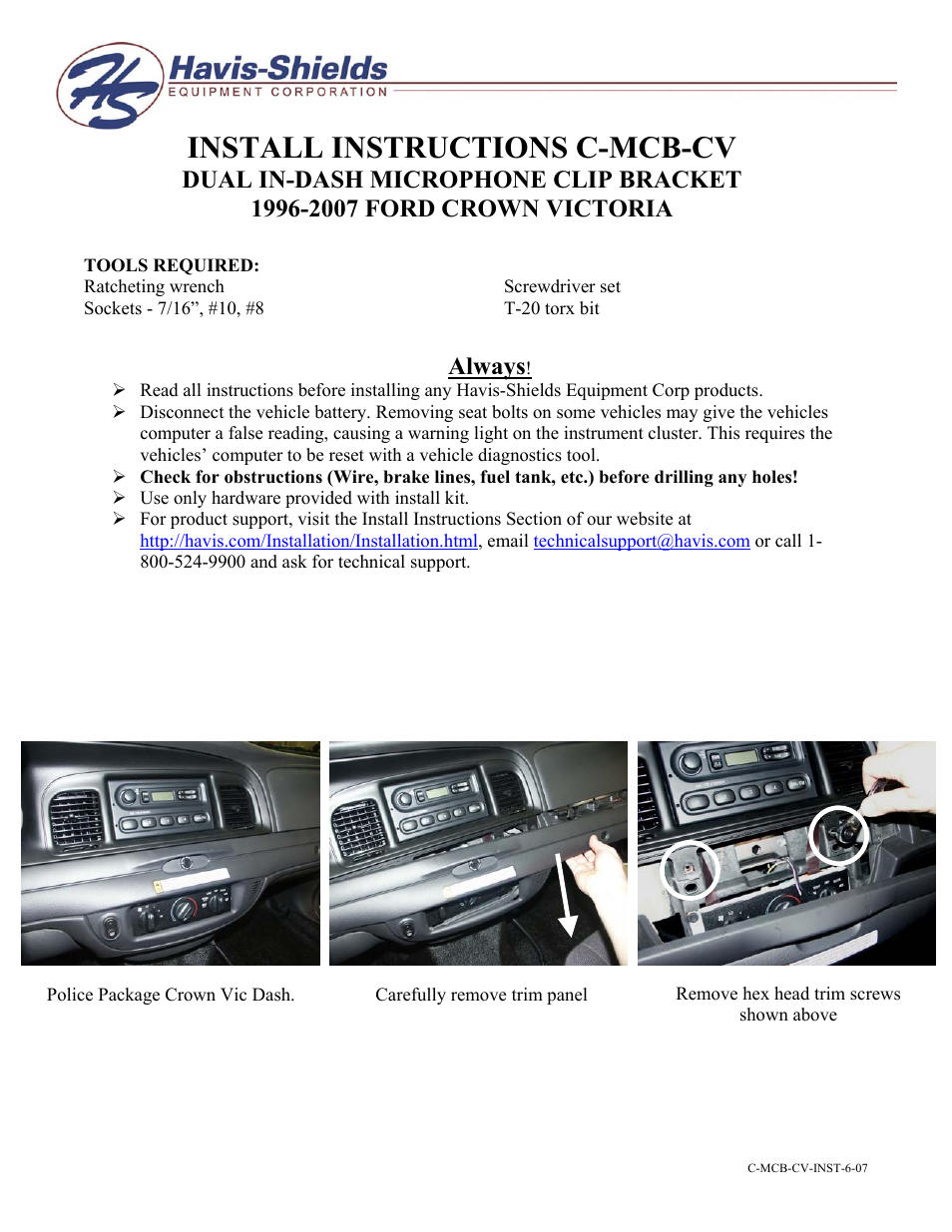 Havis-Shields Dual In-Dash Microphone Clip Bracket 1996-2007 Ford Crown Victoria C-MCB-CV User Manual | 2 pages