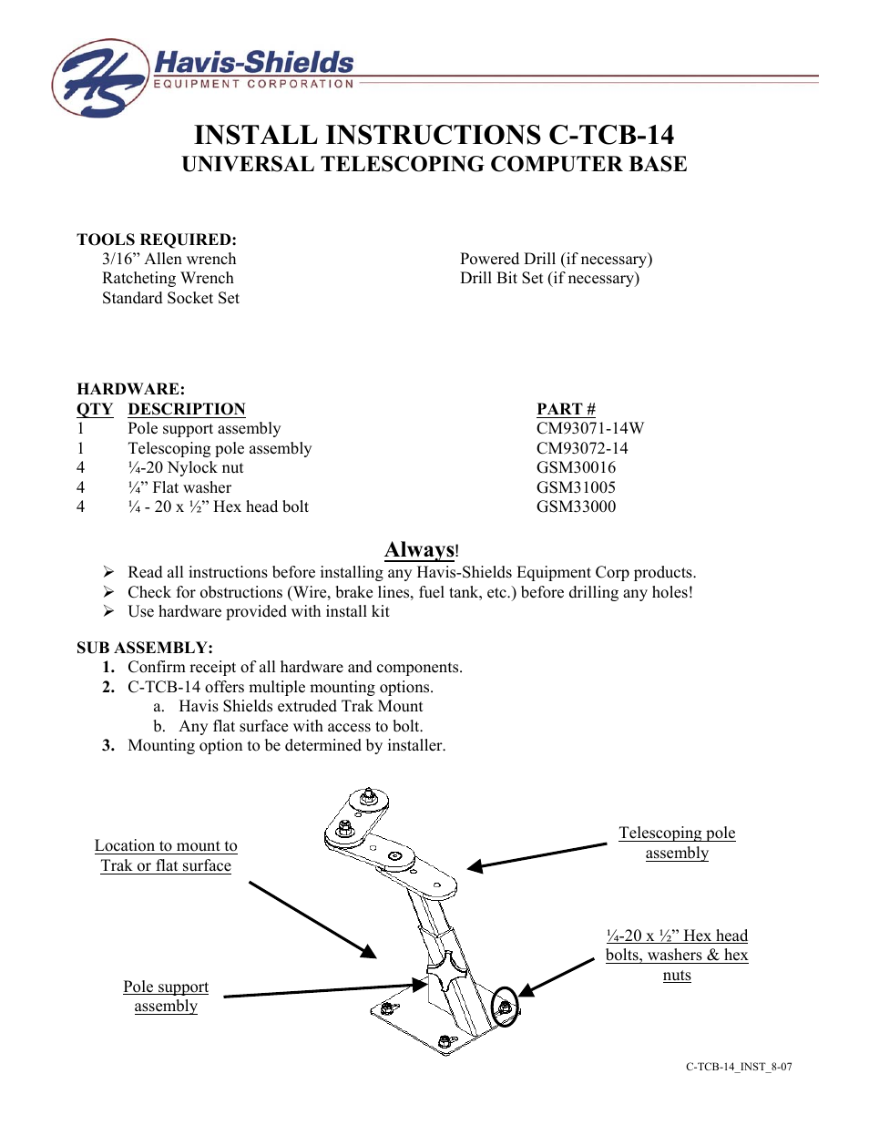 Havis-Shields Universal Telescoping Computer Base C-TCB-14 User Manual | 2 pages