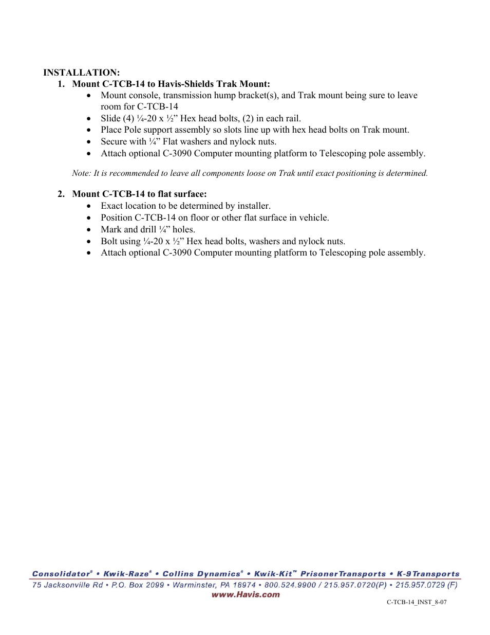 Havis-Shields Universal Telescoping Computer Base C-TCB-14 User Manual | Page 2 / 2