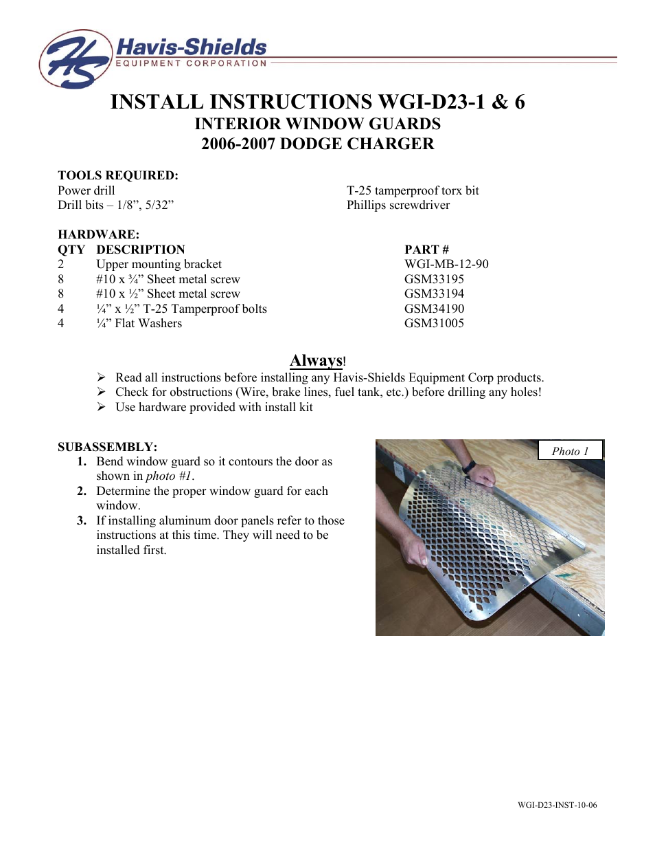 Havis-Shields WGI-D23-1 & 6 User Manual | 2 pages