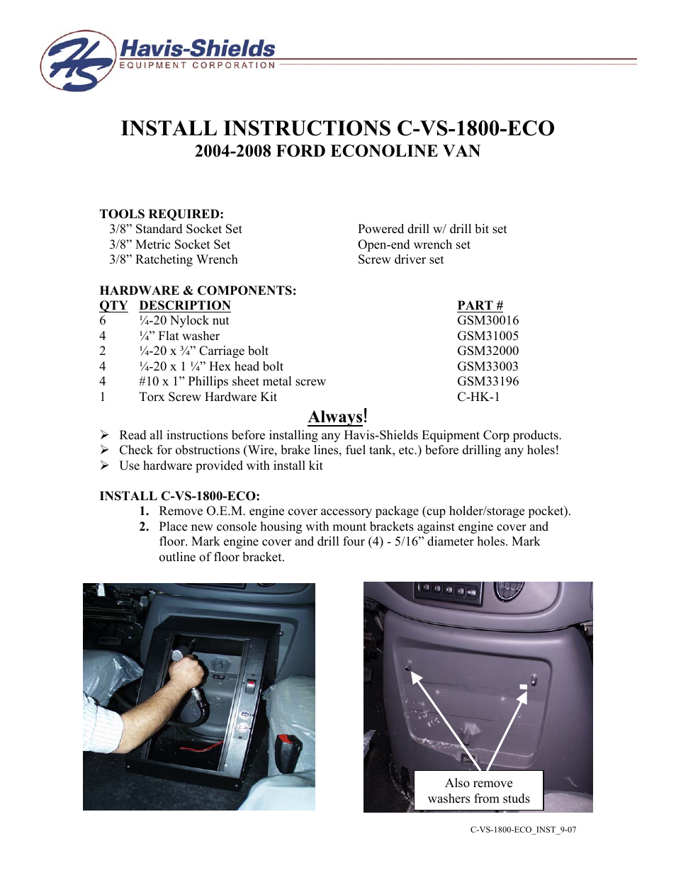 Havis-Shields 2004-2008 Ford Econoline Van C-VS-1800-ECO User Manual | 3 pages