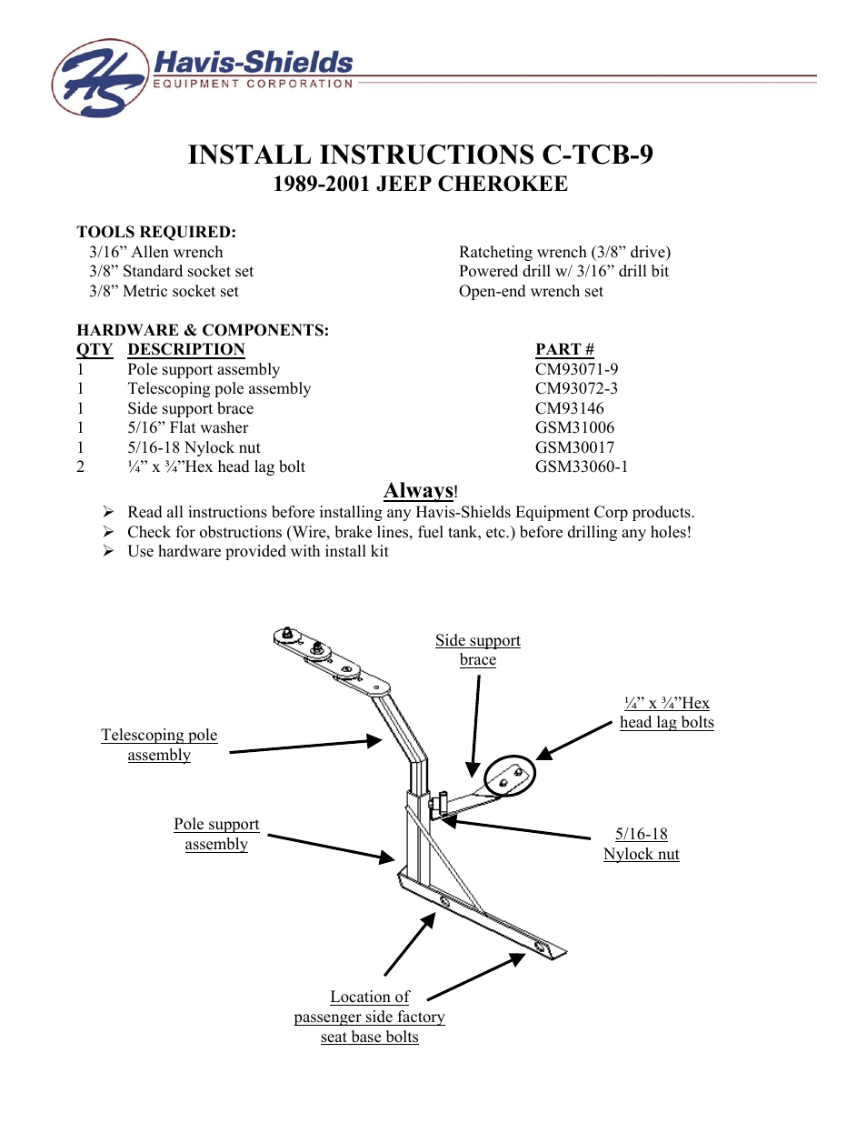 Havis-Shields Jeep Cherokee C-TCB-9 User Manual | 2 pages