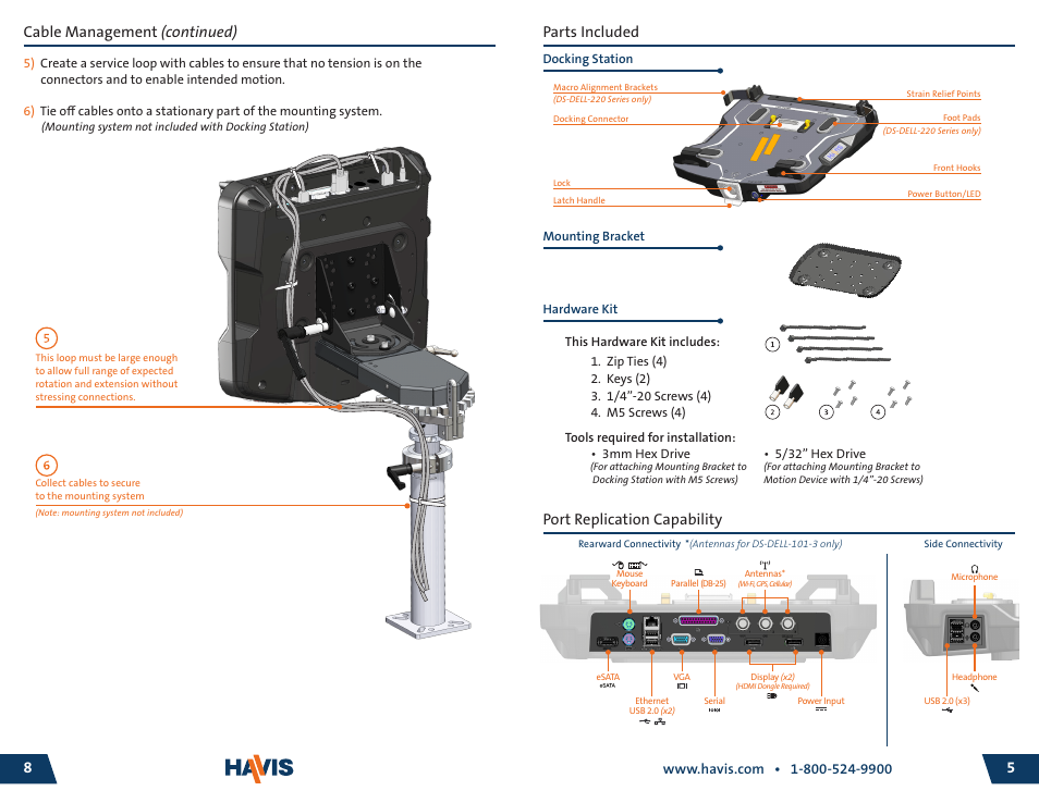 Ds-dell-100-220_omn_9-11 a 5, 85 parts included, Cable management (continued) | Port replication capability | Havis-Shields DS-DELL-103 User Manual | Page 8 / 12