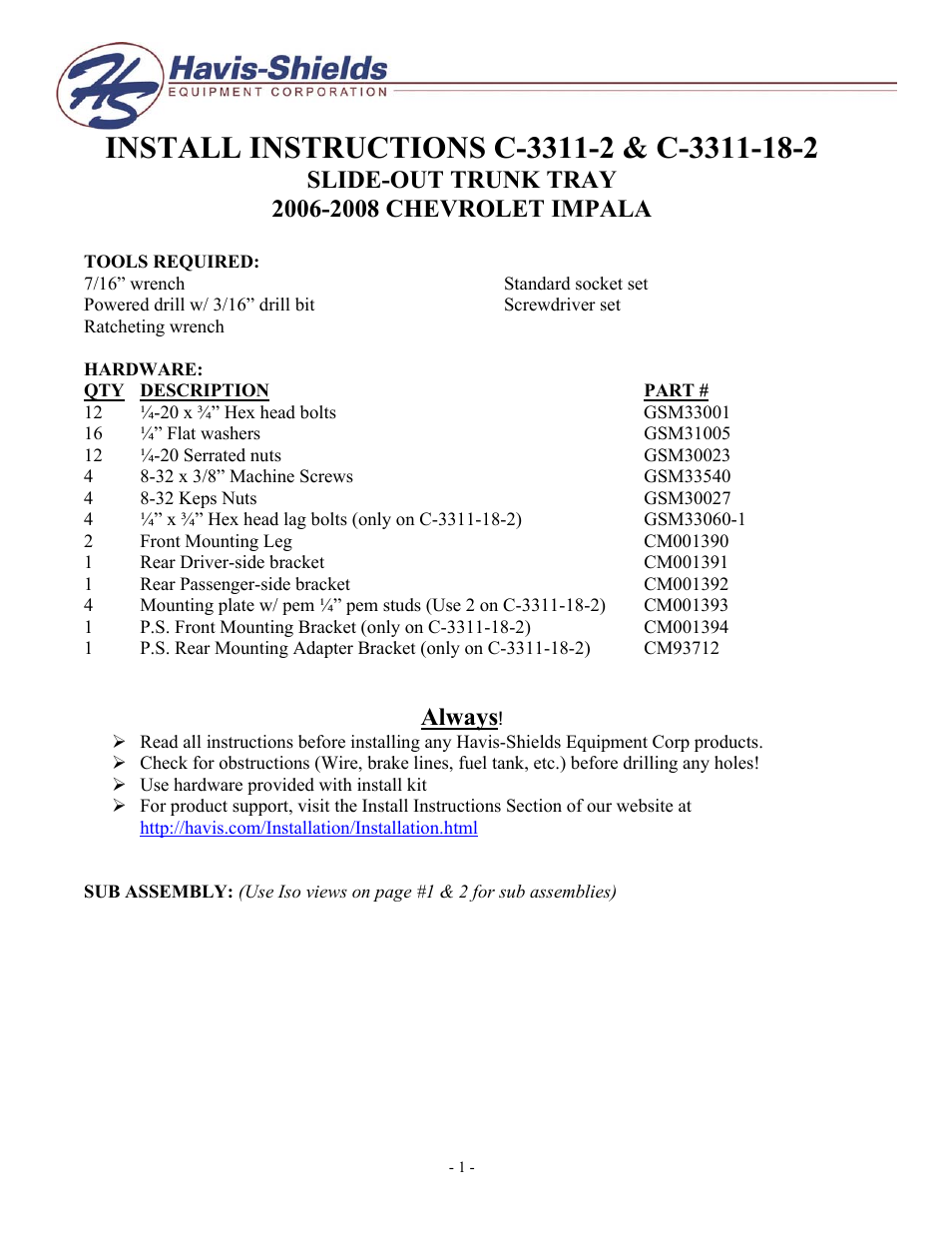 Havis-Shields Slide-Out Trunk Tray 2006-2008 Chevrolet Impala C-3311-18-2 User Manual | 4 pages