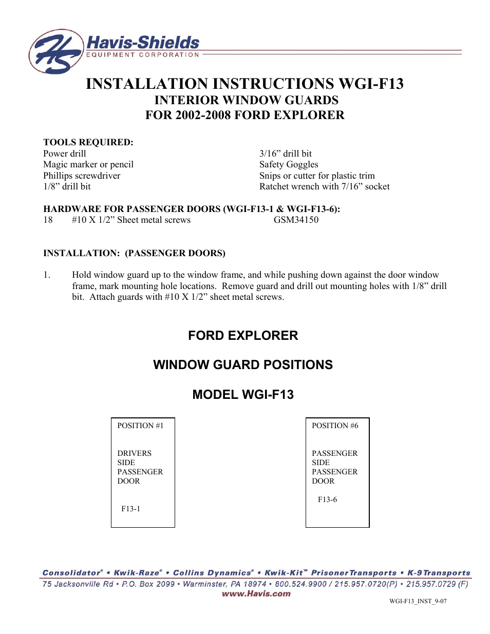 Havis-Shields WGI-F13 User Manual | 1 page