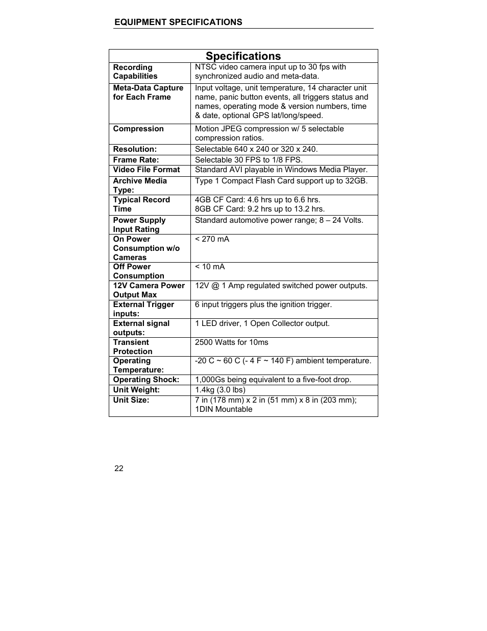 Specifications | Havis-Shields PT-VIDEO-MDVR User Manual | Page 28 / 28