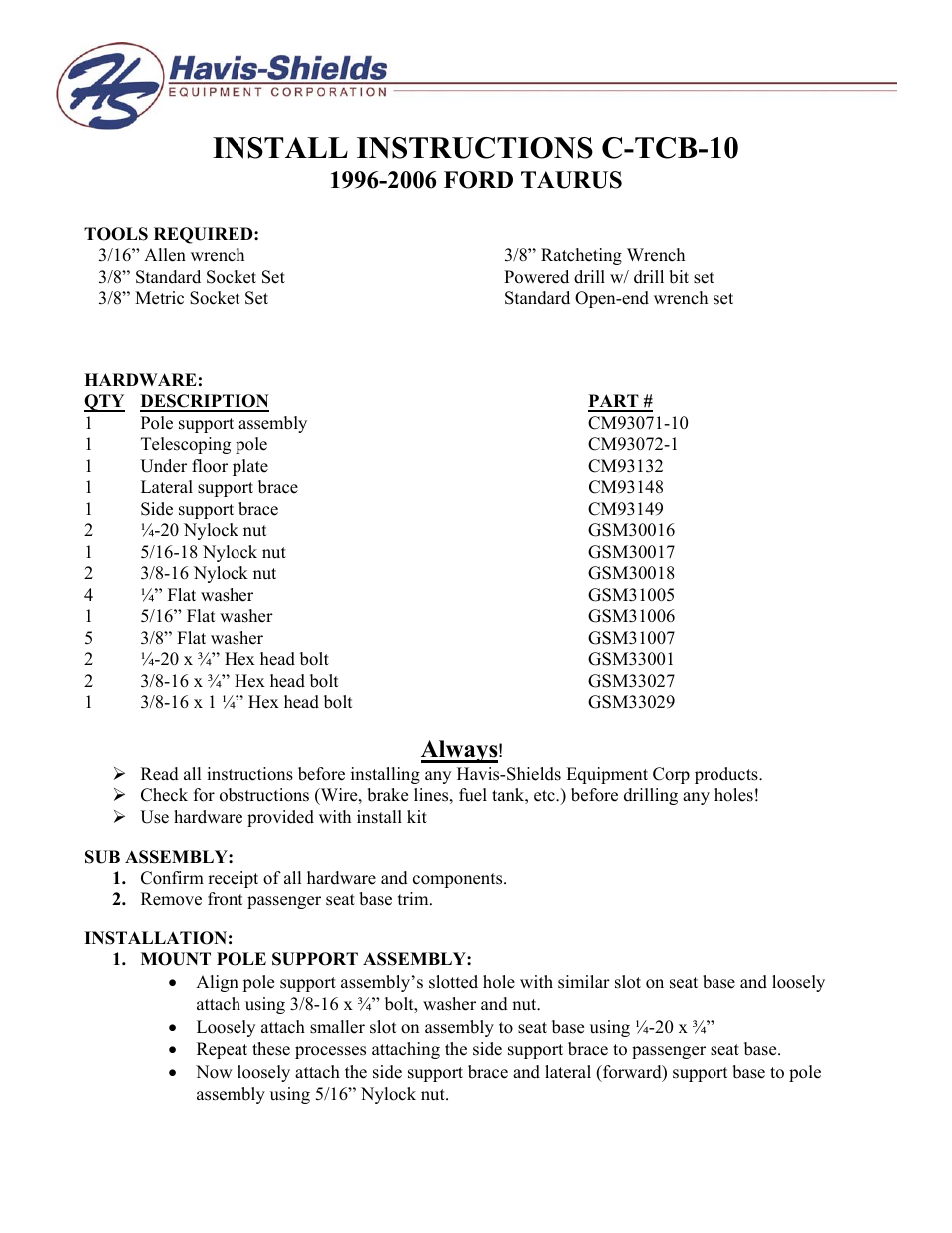 Havis-Shields 1996-2006 Ford Taurus C-TCB-10 User Manual | 2 pages