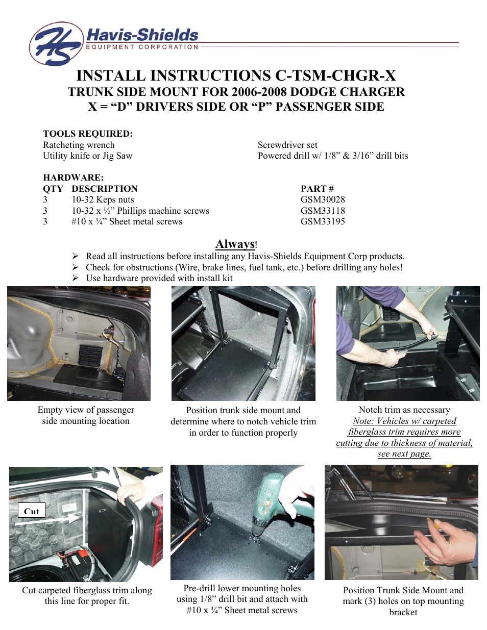 Havis-Shields Trunk Side Mount C-TSM-CHGR-X User Manual | 2 pages