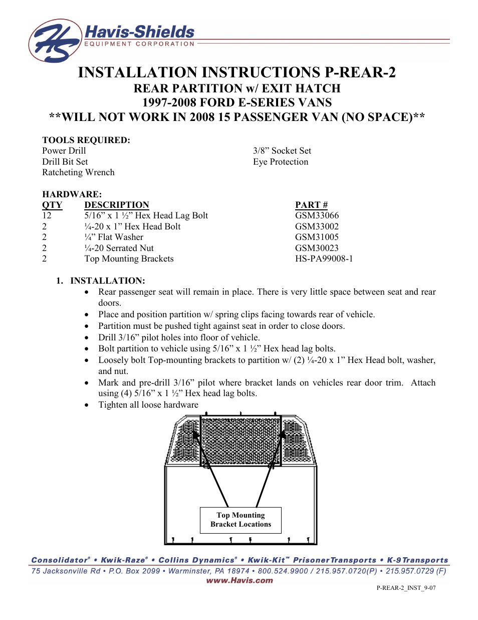 Havis-Shields Rear Partition w/ Exit Hatch P-REAR-2 User Manual | 1 page