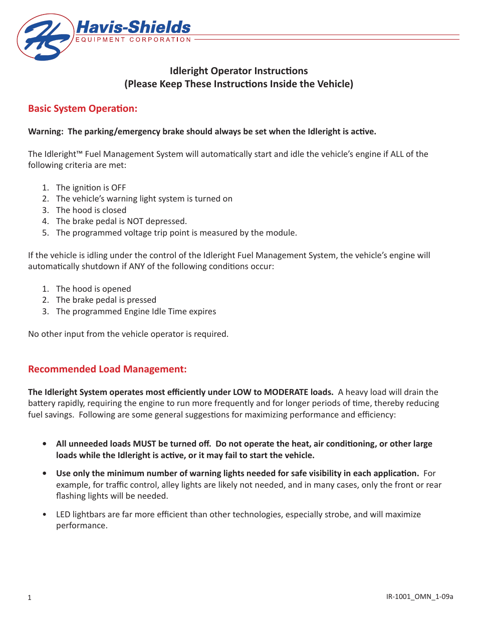 Havis-Shields Idleright User Manual | 2 pages