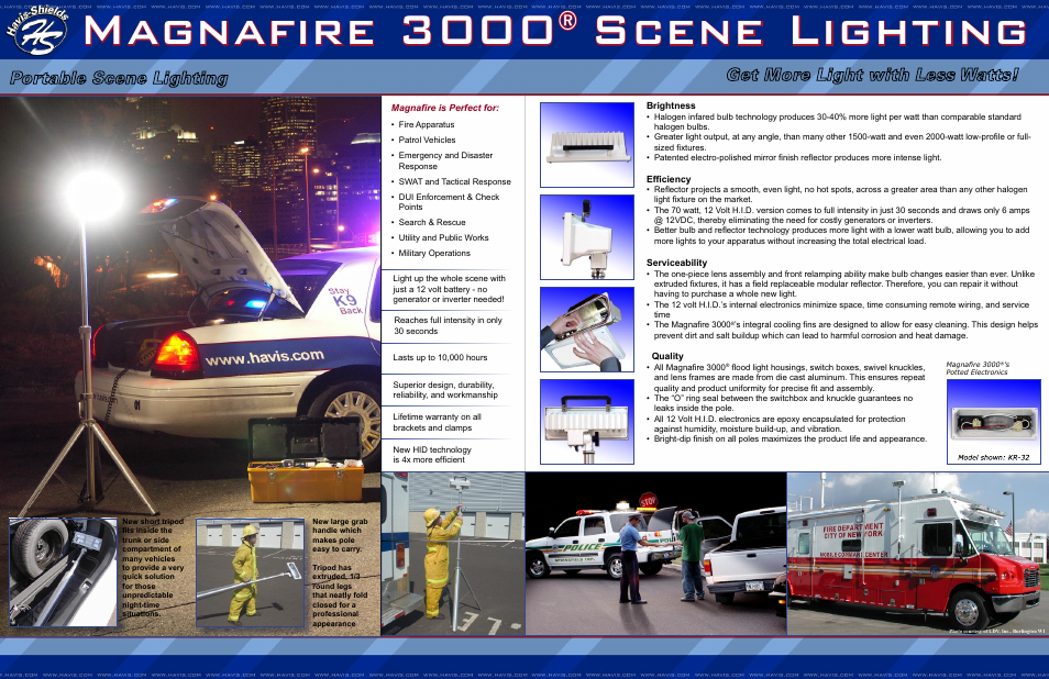 Magnafire 3000, Scene lighting, Portable scene lighting | Get more light with less watts | Havis-Shields Magnafire 3000 User Manual | Page 2 / 2