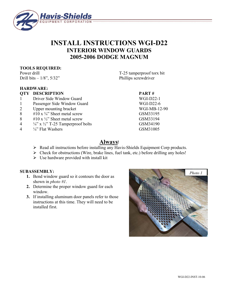 Havis-Shields WGI-D22 User Manual | 2 pages