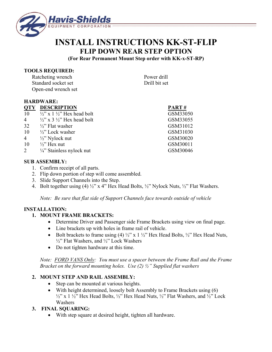 Havis-Shields Flip Down Rear Step Option KK-ST-FLIP User Manual | 3 pages