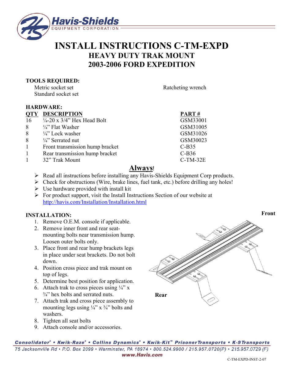 Havis-Shields Heavy Duty Trak Mount 2003-2006 Ford Expedition C-TM-EXPD User Manual | 1 page