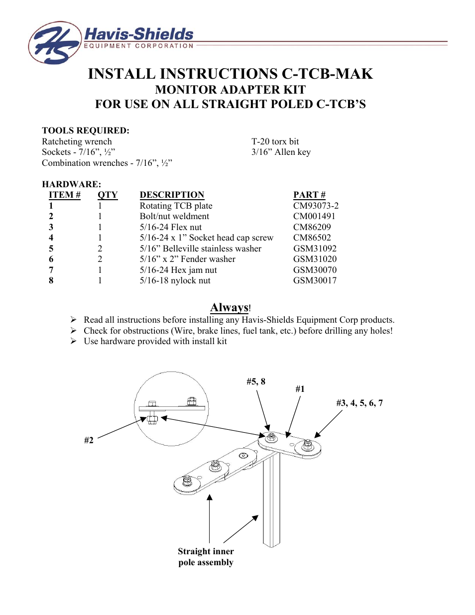 Havis-Shields Monitor Adapter Kit C-TCB-MAK User Manual | 2 pages