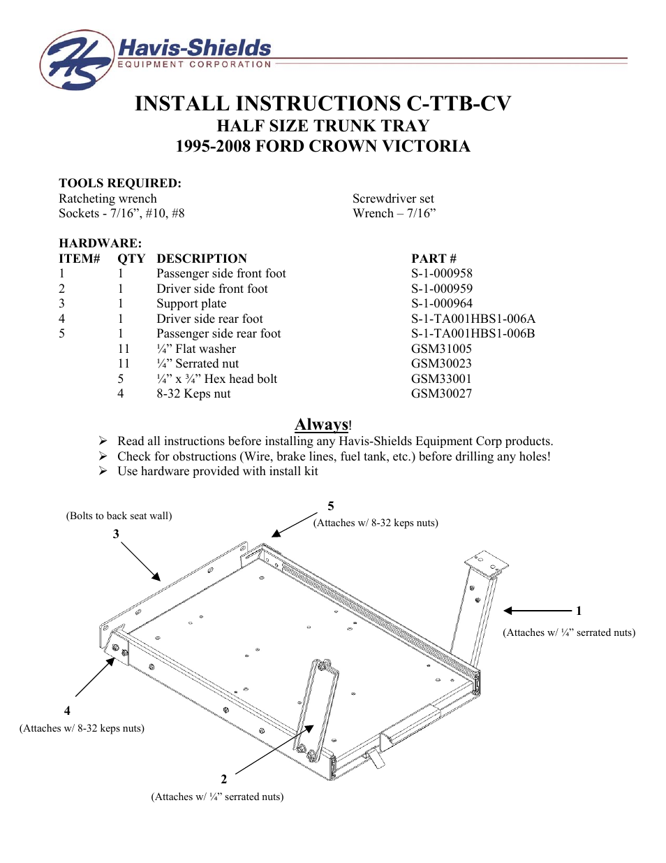 Havis-Shields Half Size Trunk Tray 1995-2008 Ford Crown Victoria C-TTB-CV User Manual | 2 pages