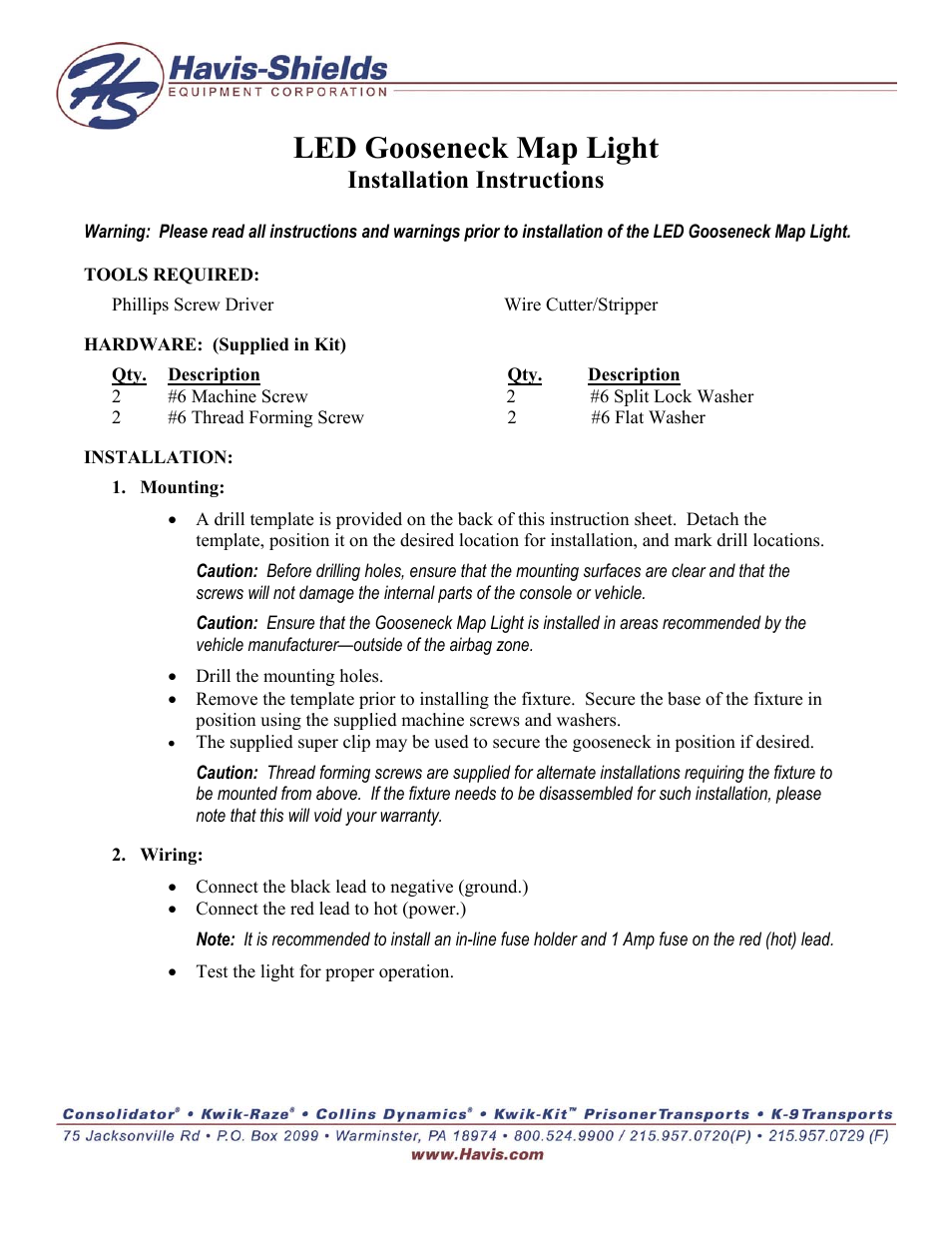 Havis-Shields LED Gooseneck Map Light User Manual | 2 pages