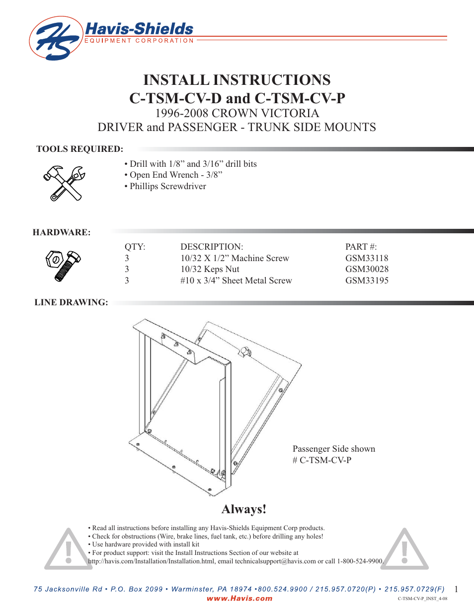 Havis-Shields 1996-2008 Crown Victoria Driver and Passenger - Trunk Side Mounts C-TSM-CV-P User Manual | 2 pages