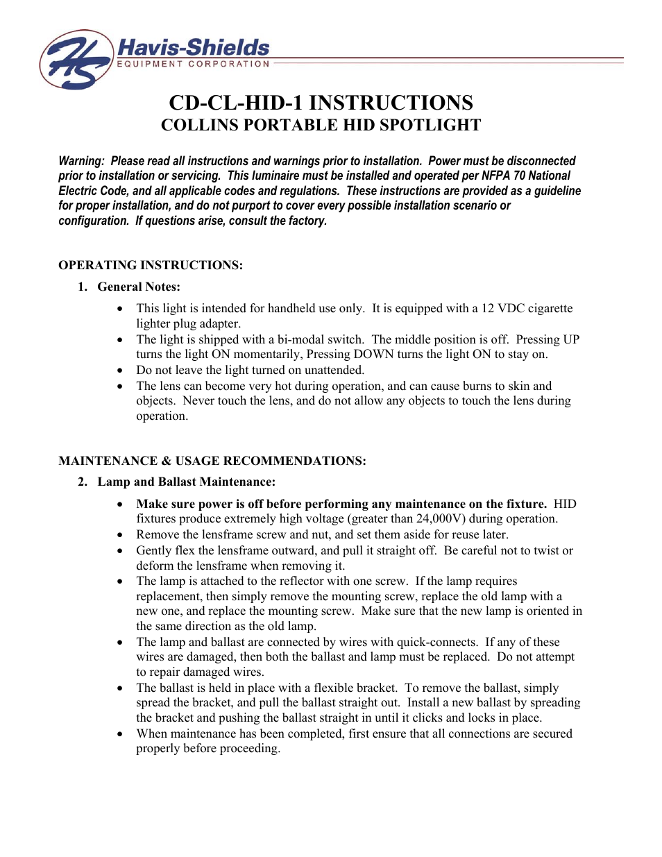 Havis-Shields Collins Portable Hid Spotlight CD-CL-HID-1 User Manual | 2 pages