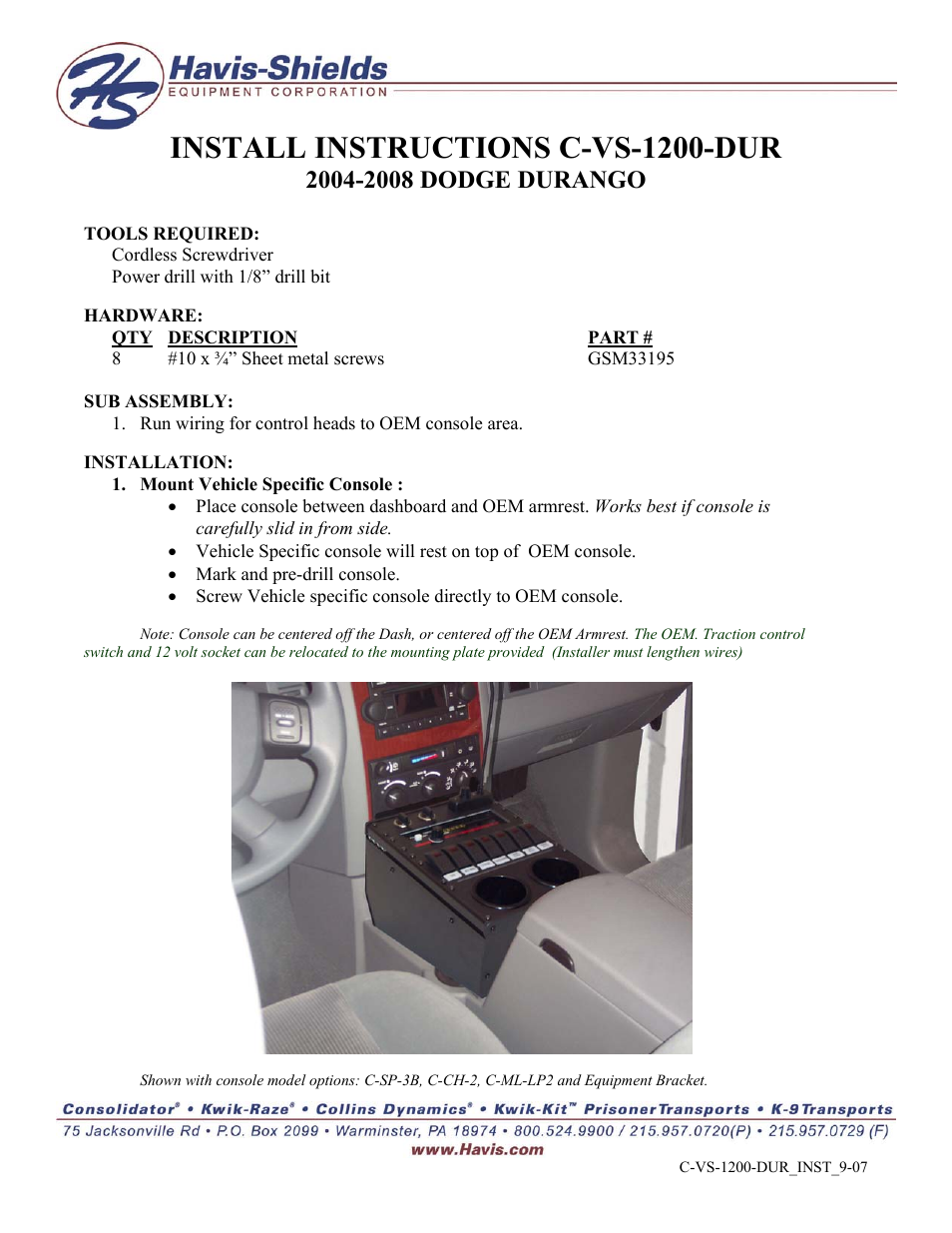 Havis-Shields 2004-2008 Dodge Durango C-VS-1200-DUR User Manual | 1 page