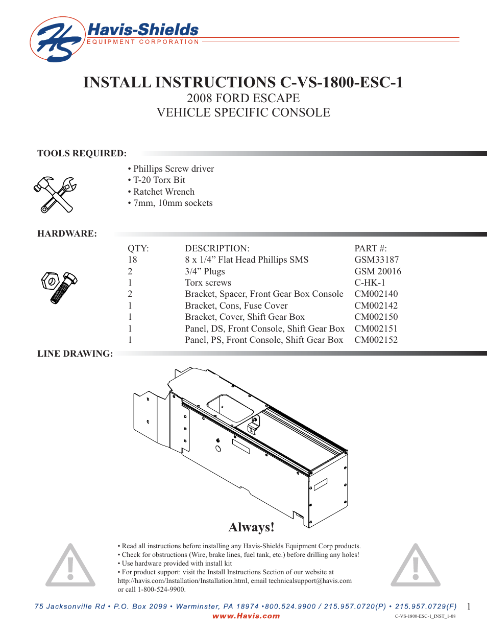 Havis-Shields Vehicle Specific Console C-VS-1800-ESC-1 User Manual | 5 pages