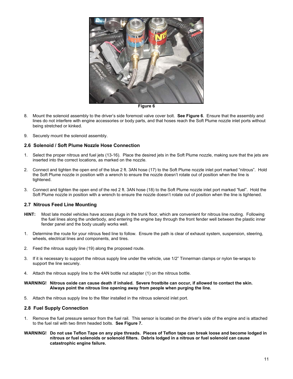 6 solenoid / soft plume nozzle hose connection, 7 nitrous feed line mounting, 8 fuel supply connection | Holley 02121NOS User Manual | Page 11 / 20