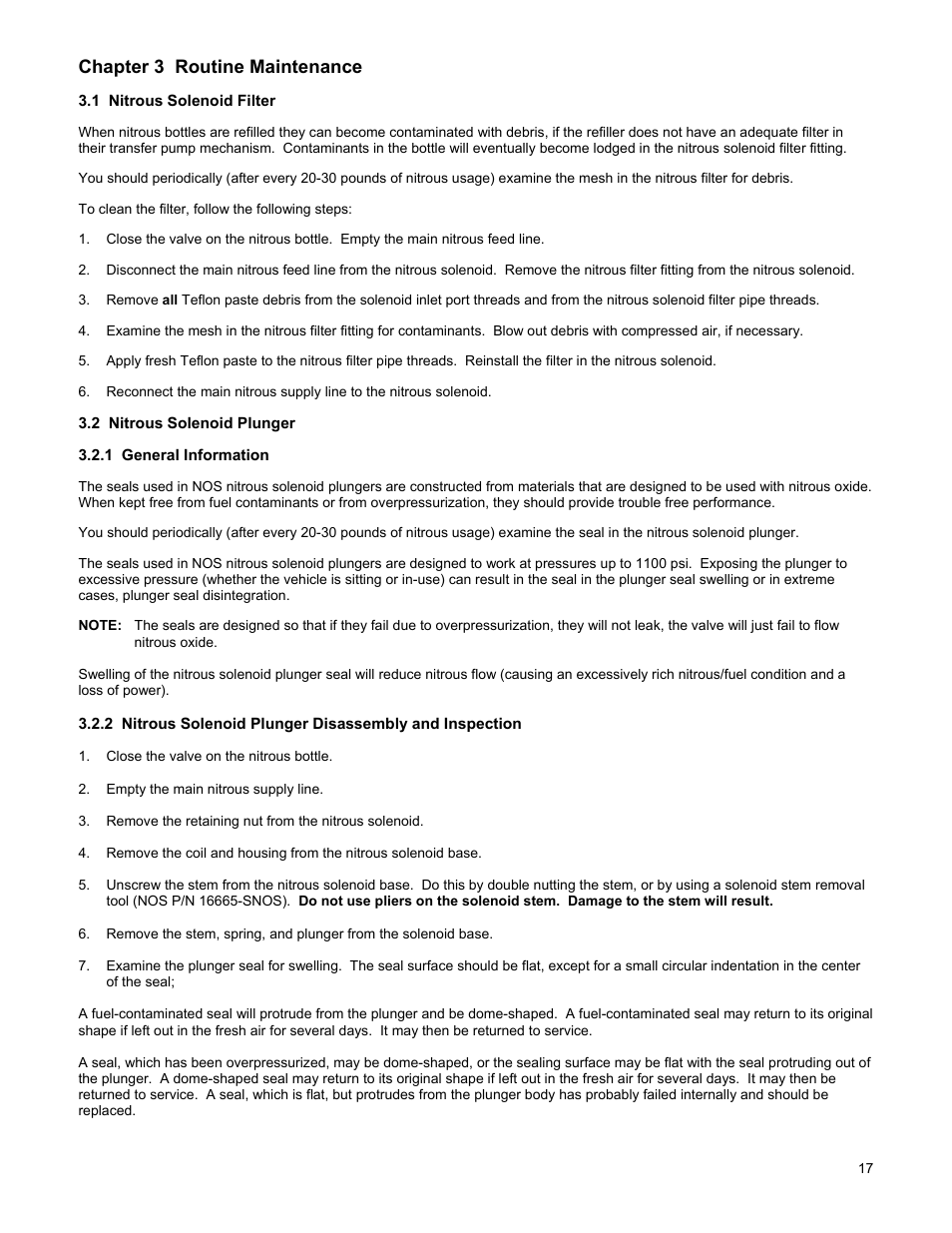 Chapter 3 routine maintenance, 1 nitrous solenoid filter, 2 nitrous solenoid plunger | 1 general information | Holley 02121NOS User Manual | Page 17 / 20