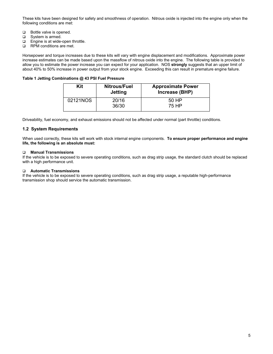 Nitrous/fuel jetting, Approximate power increase (bhp), 2 system requirements | Holley 02121NOS User Manual | Page 5 / 20