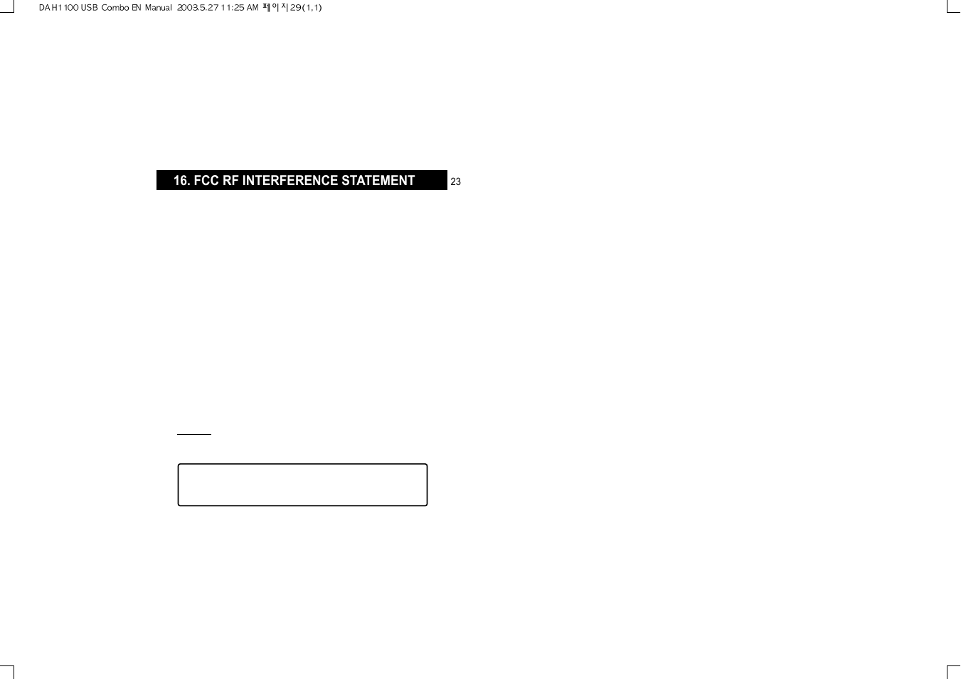 Fcc rf interference statement | Hyun Won DAH-1100 User Manual | Page 15 / 15