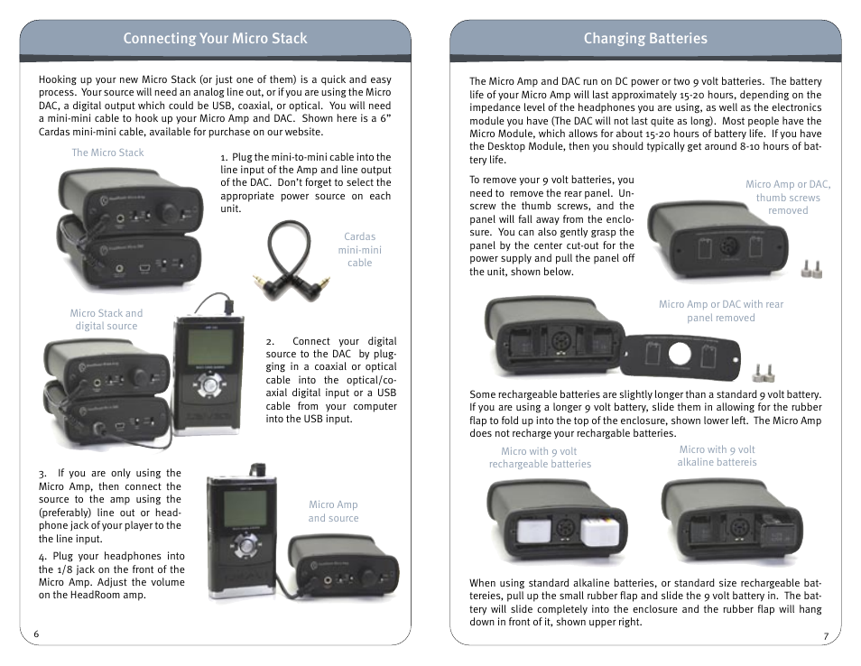 Connecting your micro stack, Changing batteries | HeadRoom Headphone Amplifier & Digital-Analog Converter User Manual | Page 4 / 7