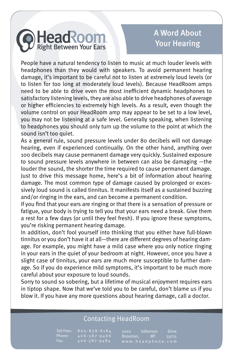 A word about your hearing, Contacting headroom | HeadRoom Headphone Amplifier & Digital-Analog Converter User Manual | Page 7 / 7