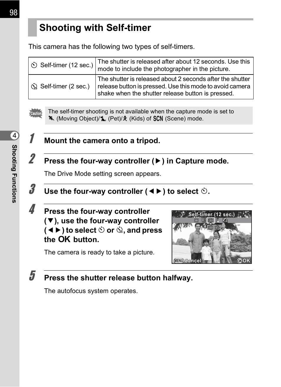Shooting with self-timer, P.98 | Hoya H01-201106 User Manual | Page 100 / 258
