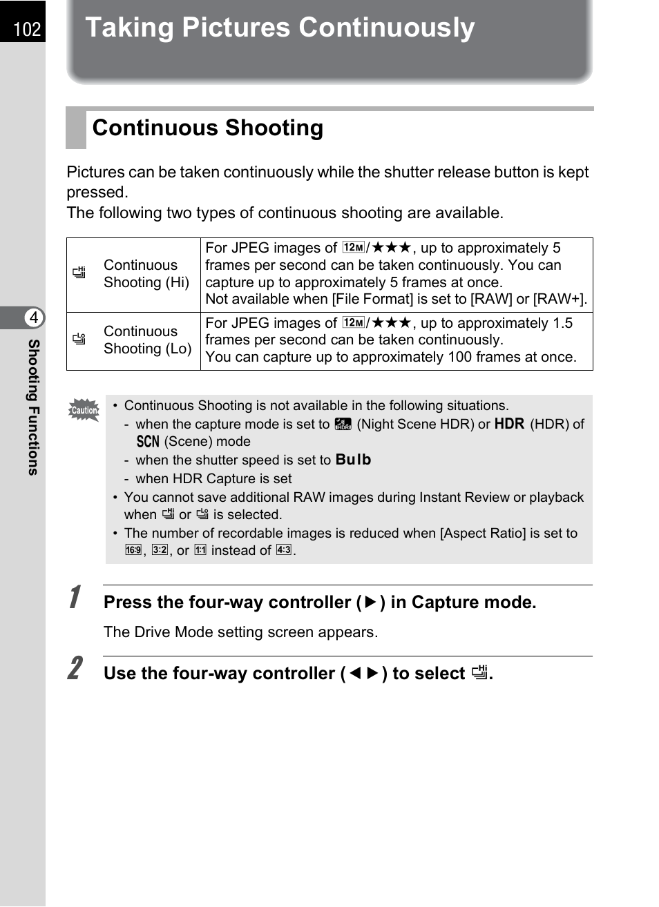 Taking pictures continuously, Continuous shooting, P.102 | Hoya H01-201106 User Manual | Page 104 / 258