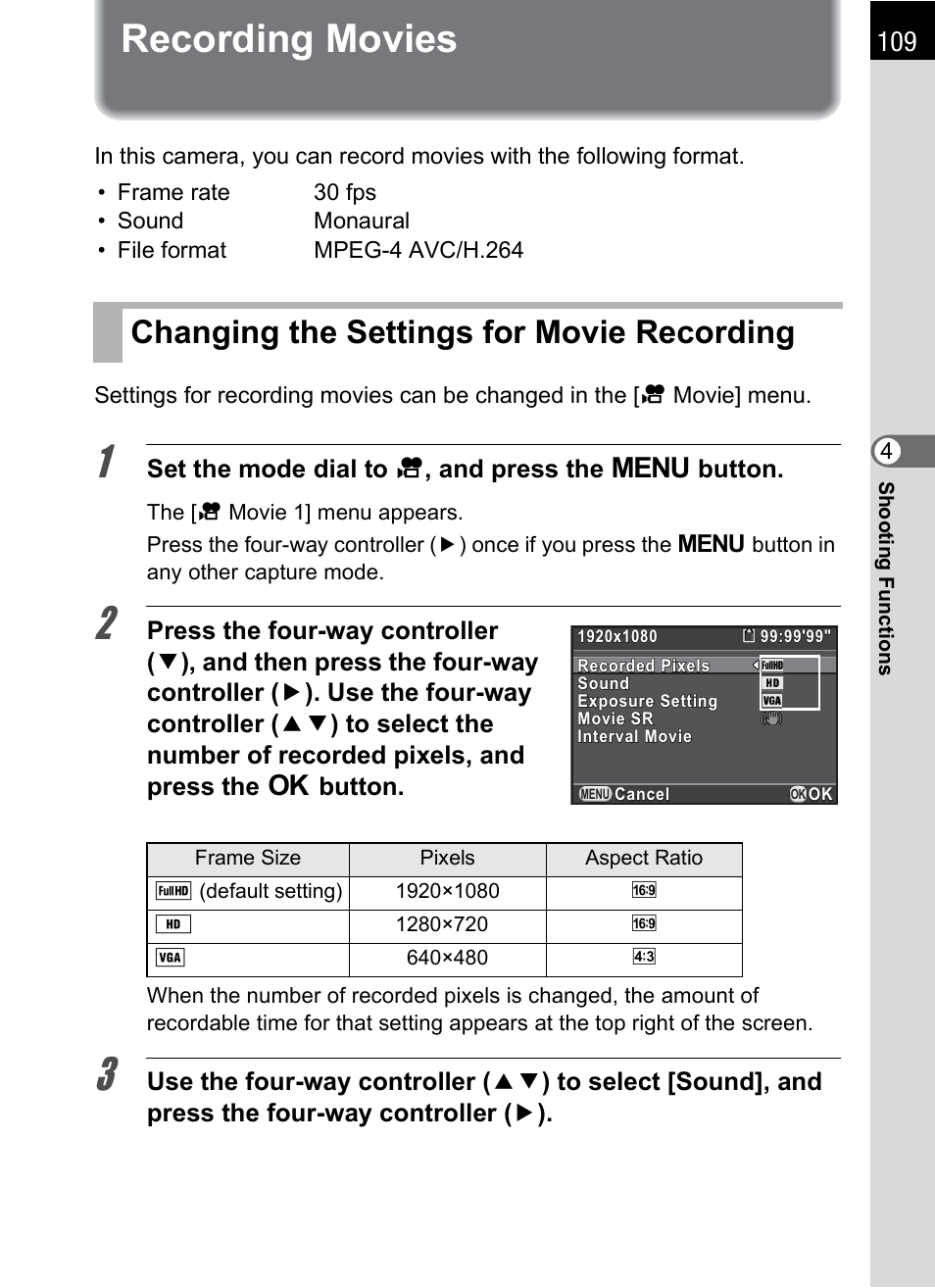 Recording movies, Changing the settings for movie recording, P.109) | Sound (p.109), P.109 | Hoya H01-201106 User Manual | Page 111 / 258