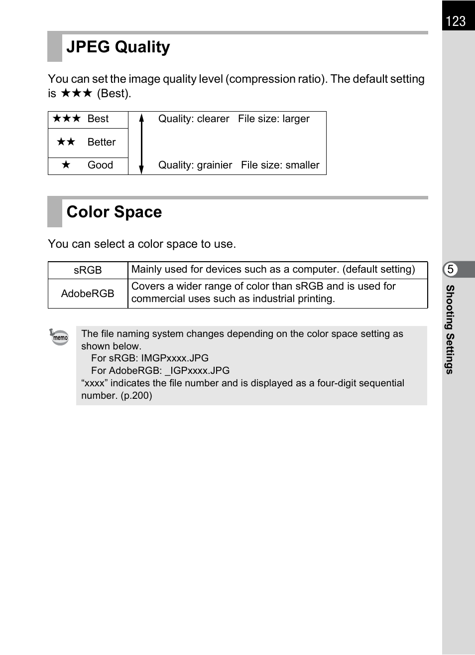 Jpeg quality, Color space, Jpeg quality color space | P.123) | Hoya H01-201106 User Manual | Page 125 / 258
