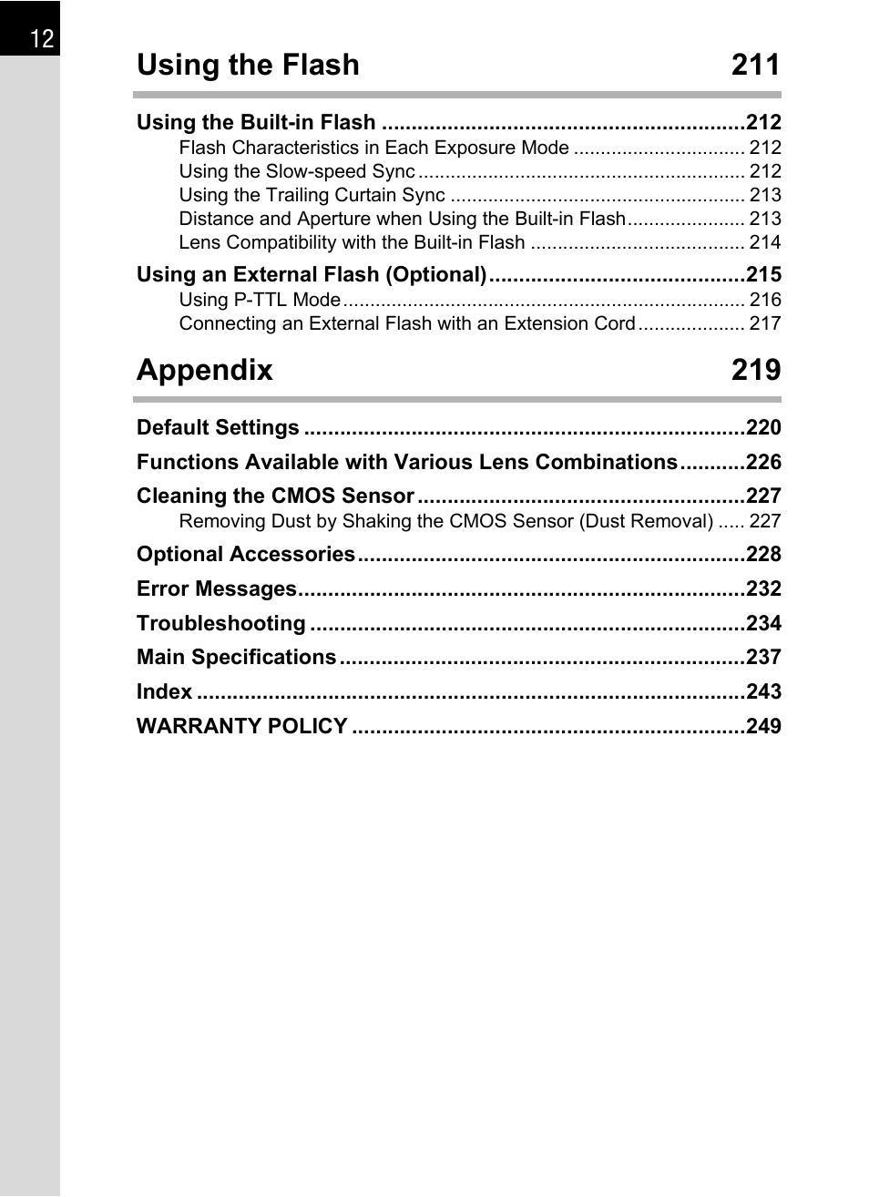 Using the flash 211, Appendix 219 | Hoya H01-201106 User Manual | Page 14 / 258