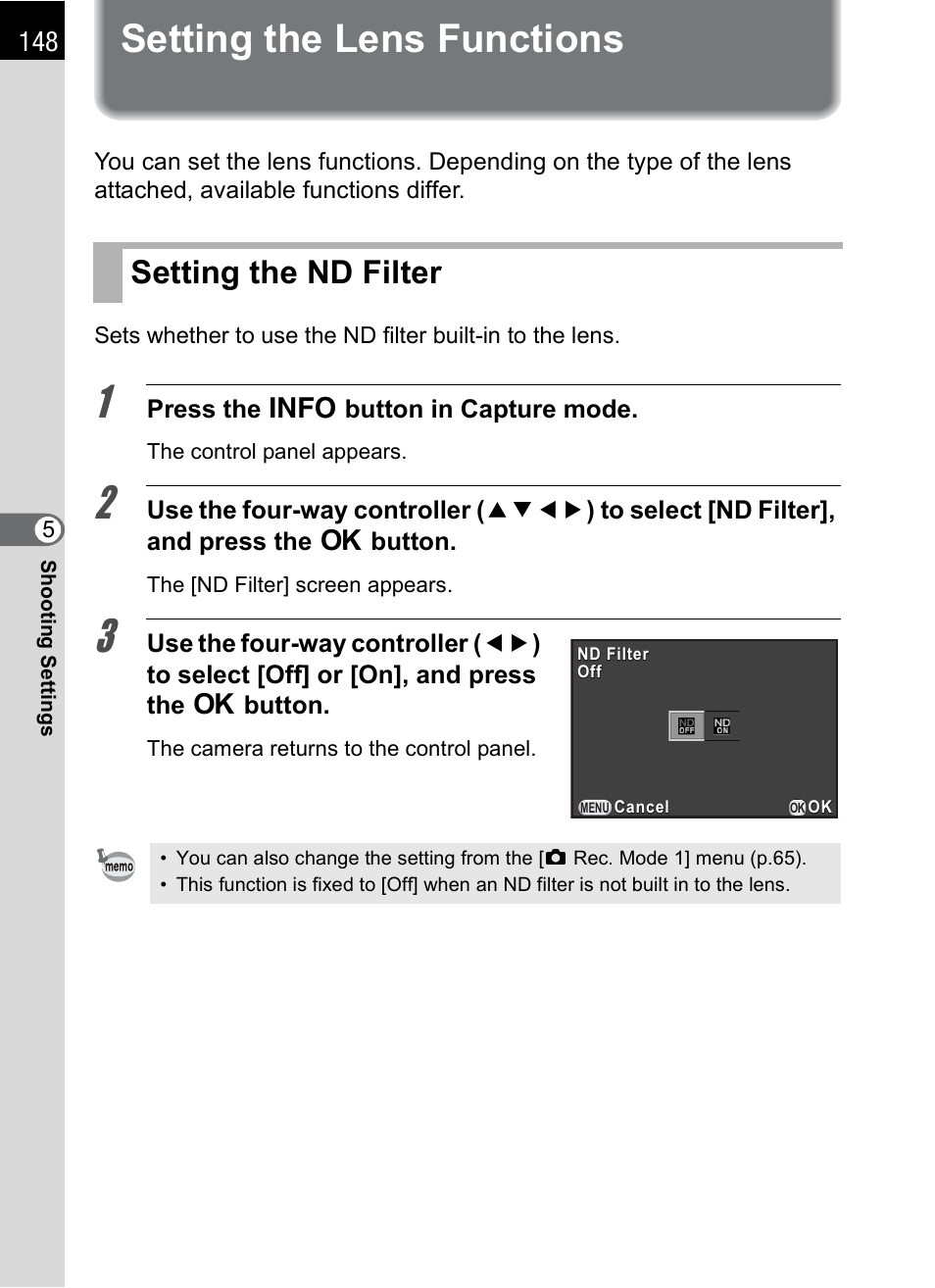 Setting the lens functions, Setting the nd filter, P.148) | P.148 | Hoya H01-201106 User Manual | Page 150 / 258