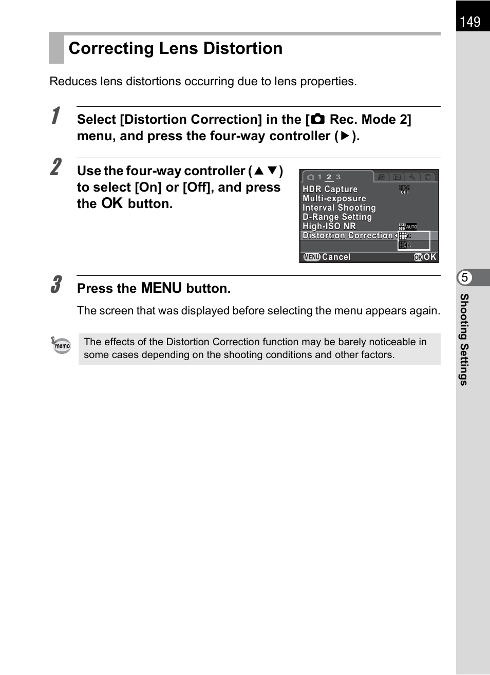 Correcting lens distortion, Ion (p.149), P.149 | Press the 3 button | Hoya H01-201106 User Manual | Page 151 / 258