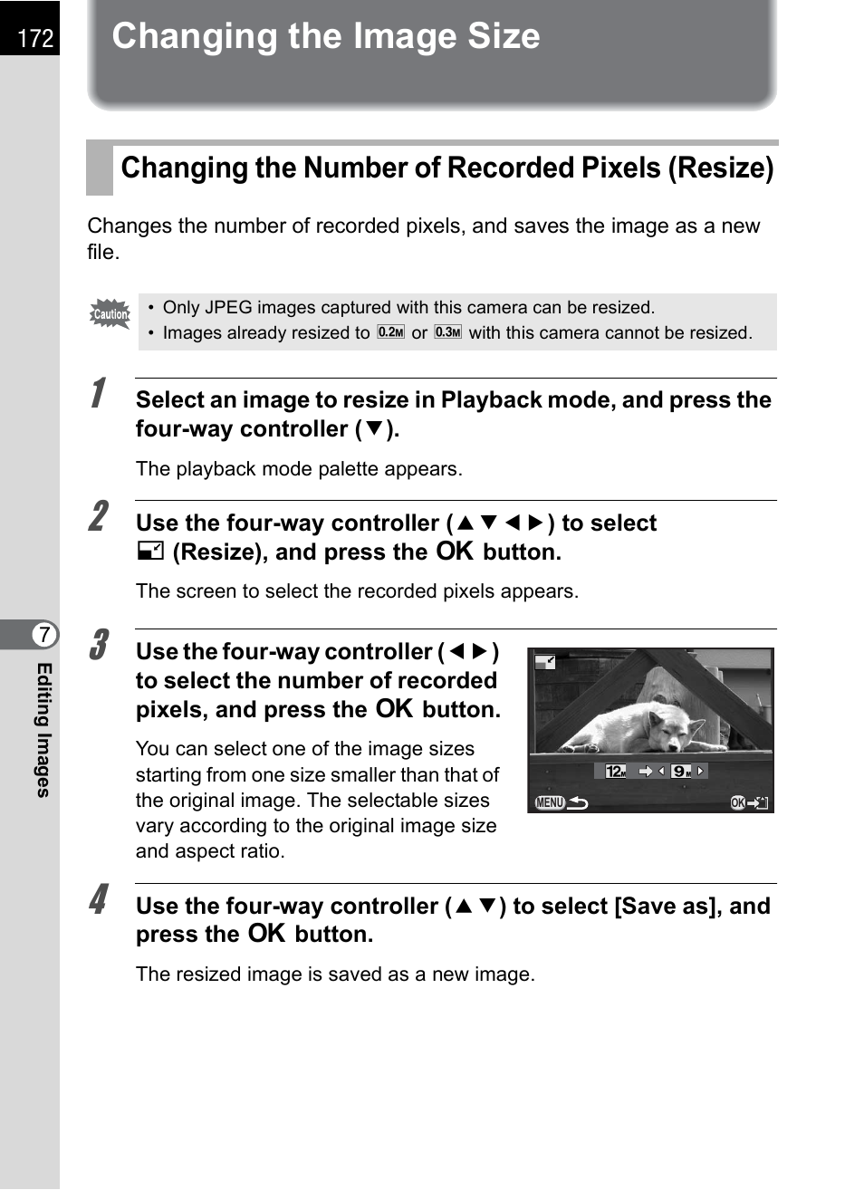 Changing the image size, Changing the number of recorded pixels (resize), P.172 | Hoya H01-201106 User Manual | Page 174 / 258