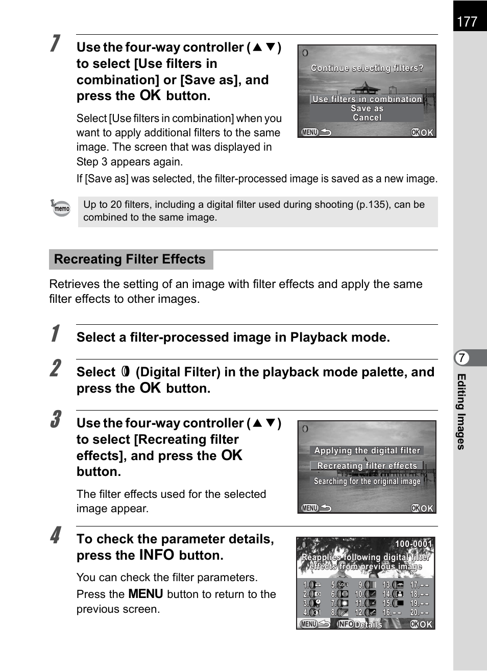 Select a filter-processed image in playback mode, Recreating filter effects | Hoya H01-201106 User Manual | Page 179 / 258